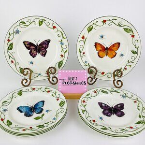 Tabletops Muticolor BUTTERFLY Ladybug Dragonfly Vines Ceramic Dinner Plate Set 4